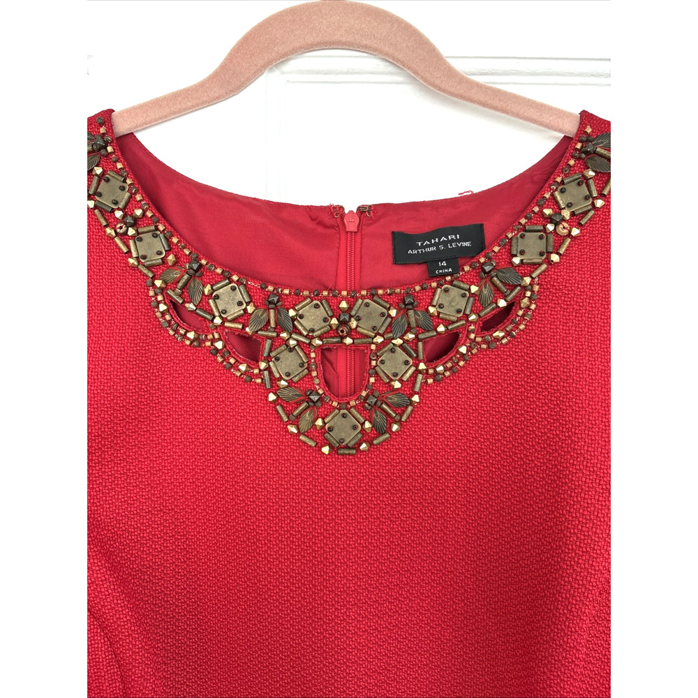 Tahari ASLRed Sheath Dress Cocktail Beaded Neckline Classic Cap Sleeve | 14